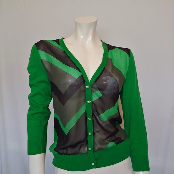 New York & Company Sweaters - New York & Company green and black knit button down with  sheer panel in front